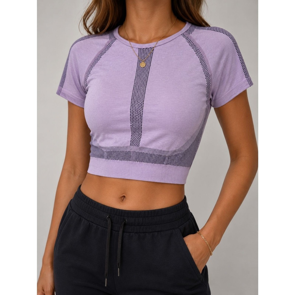 Kimberly C Purple Seamless Crop Top Workout Athletic Mesh Short Sleeve Small